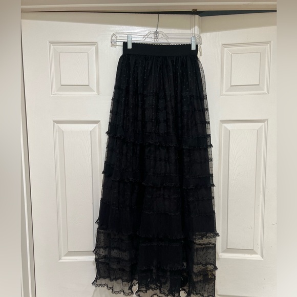Black tiered tulle line elastic waist maxi skirt gothic witchy Whimsigoth small - Picture 1 of 11